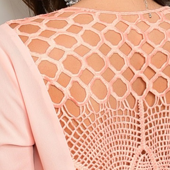 Peach Pink Lace Up Crochet Roll-Tab Blouse - Picture 6 of 7